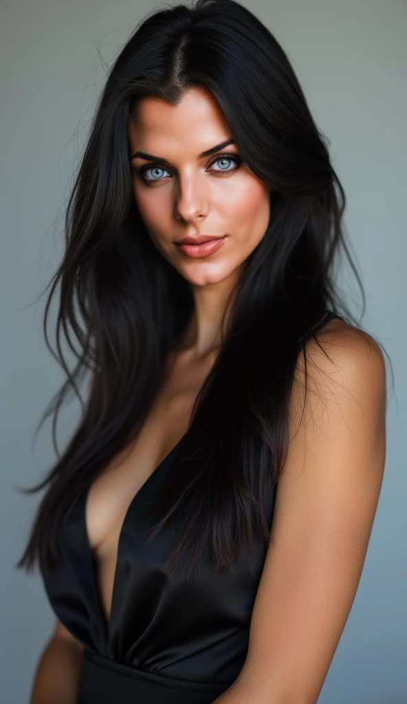 A beautiful woman with sleek black hair and striking blue eyes - SeaArt AI