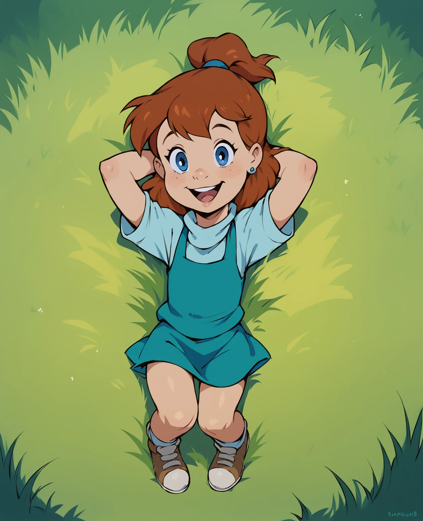 score_8, score_9, jenny, brown hair, ponytail, blue eyes, earrings, lying on back, in grass, hands behind head, open smile, full body