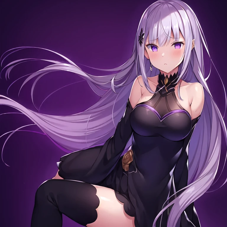 Purple hair、Red Eyes、Colossal tits、cute little、Long hair that goes down to the waist、top-quality、uminoie、Fluttering long hair、Disgusting face、Nasty atmosphere、Dresses that show the lines of the body、Jet black dress、Ruthless eyes、No underwear、Fitted dresses