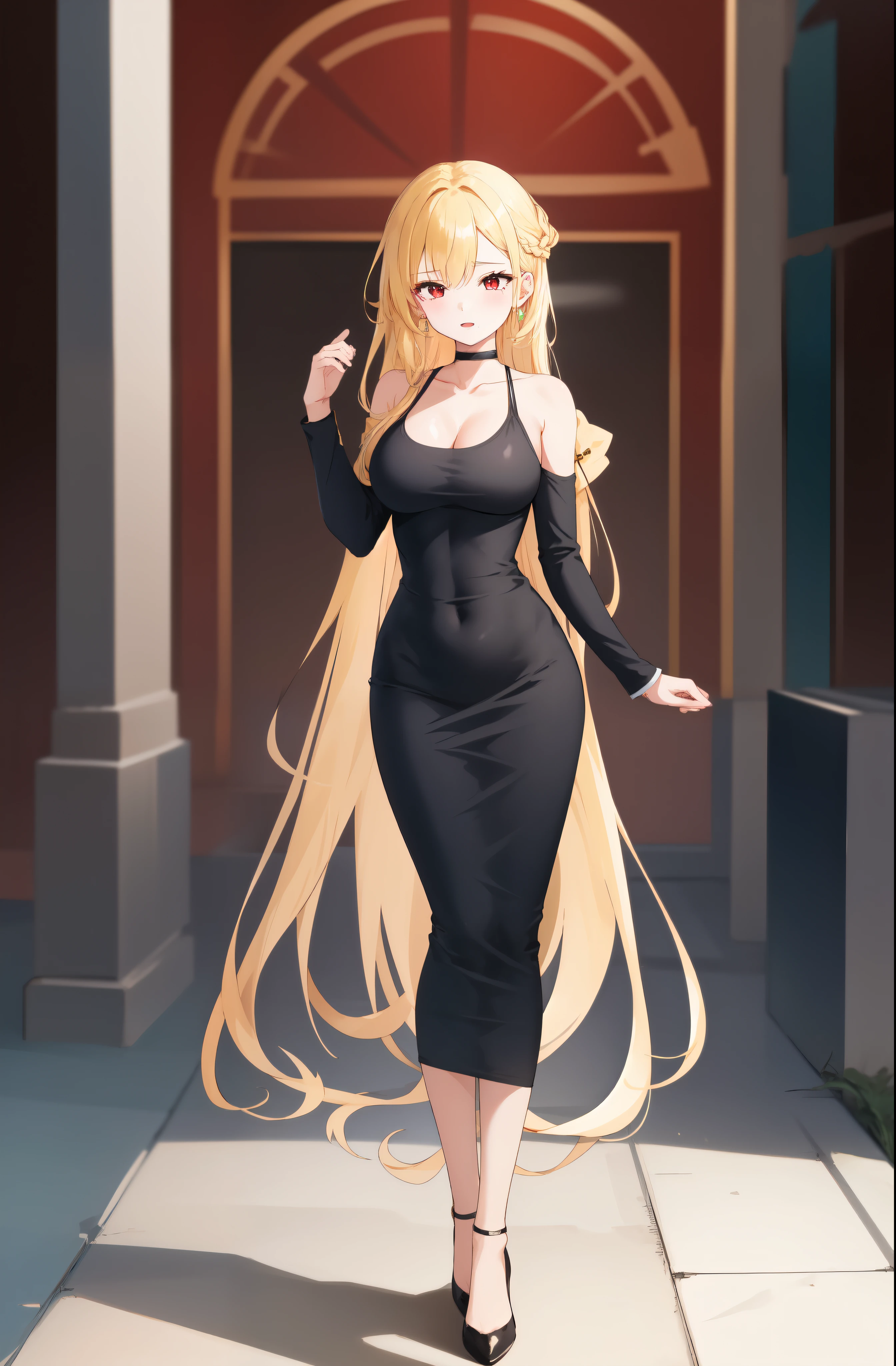 masterpiece, dress, black dress, Black dress, Black Dress, dongtan dress, Dongtan dress, Dongtan Dress, black dongtan dress, Black dongtan dress, Black Dongtan Dress, highres, Super detailed, very detailed, highest quality, best quality, super detailed, standing, high quality, high-definition, extremely detailed, mature female, 1 girl, 1 Girl, one girl, One girl, One Girl, full body drawing, Full body drawing, straight body, slender body, Slender body, Slender Body, (large breasts), (masterpiece), (best quality), (hyperdetail), (illustration), ((extremely delicate and beautiful)), (detailed light), (prefect's body), hanging hand over head, {{{{{long hair, Long hair, Blonde hair, blonde hair, blonde, Blonde, Red eye, red eye, Red Eye, binyeo, Binyeo}}}}}, sexy, sexy belly line