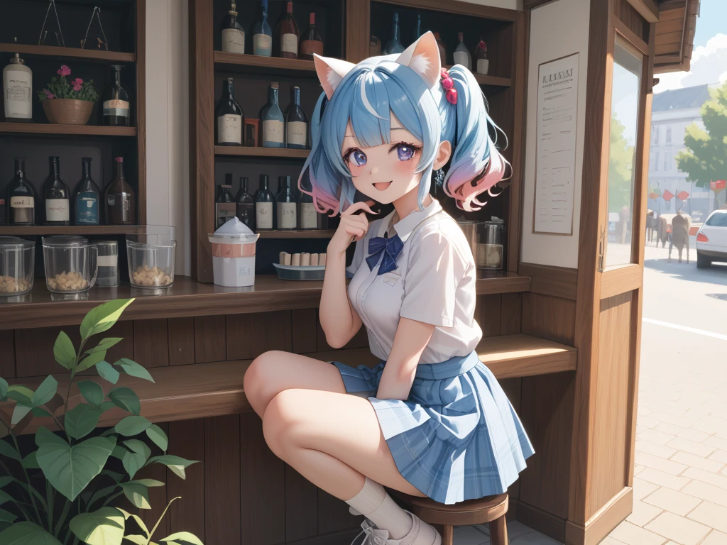 pink and light blue ((streaked hair)), highlights hair, masterpiece,  happy, medium breasts, looking at viewer,idol, full body shot, in the cafe, medium shot, purple droopy eyes, petite, Full-HD, a girl, anime,  looking at viewer, short hair, gradient hair, big eyes, glamorous, voluptuous, mini skirt, undone clothing, blouse, blush, with cat ears