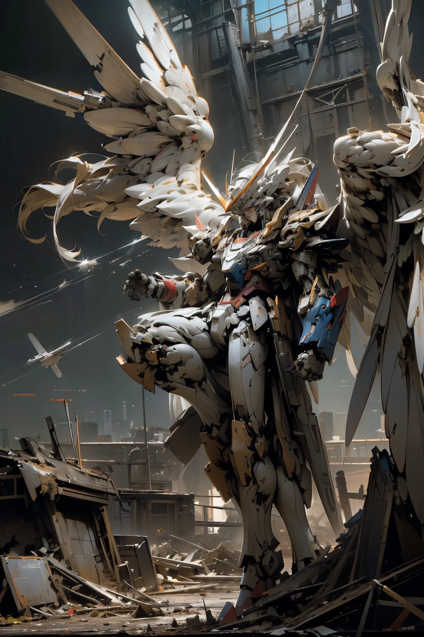 ((masterpiece,  best quality, Highest image quality,  high definition , Photographically,  RAW Photos, 8k)), (( Extremely Detailed CG Unified 8K Wallpaper )),  Wing Gundam Zero, They spread their wings and soar above the ruined city,