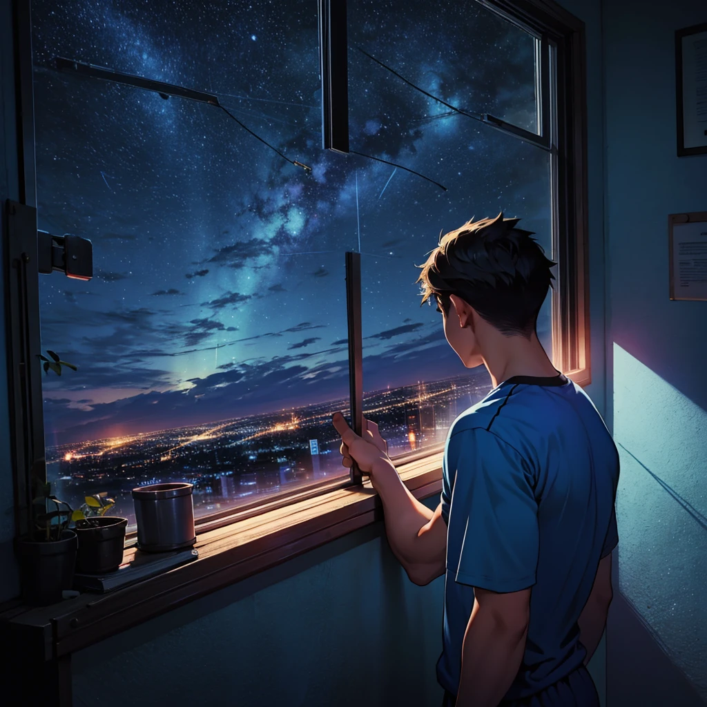 A teenage boy with a broken heart, in a room at night, in sports attire, looking out the window at the night sky.