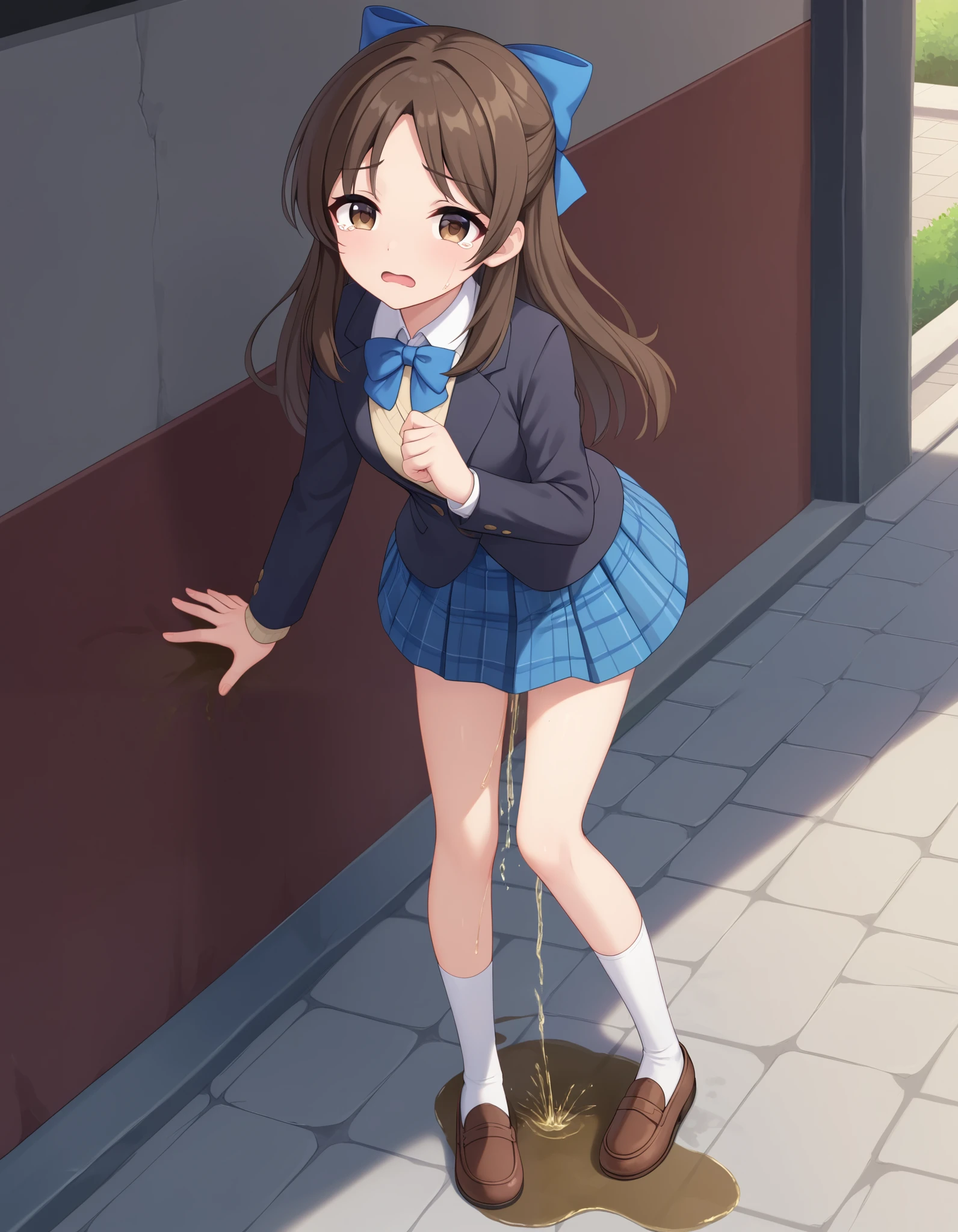 best quality,masterpiece,   4k, best quality 
1girl, solo,tachibana arisu, brown hair, brown eyes, long hair, blue hair ribbon, bang, dark brown blazer, tan color vest , white collared shirt, blue bowtie, blue plaid skirt, opened jacket, white socks, brown shoes,hair bow, sad, crying, opened mouth, Outdoor, standing, (her defecation accident), ((her fecal leakage accident), shitting, poop, pee, peeing self, wetting, wetting self, have to pee, pee stain, in skirt has pee stain,(girl leaking pee), (Peeing self), have to pee, she peeing to much,(girl is peeing self:1.0) ((pee stain)),puddle of pee at your feet