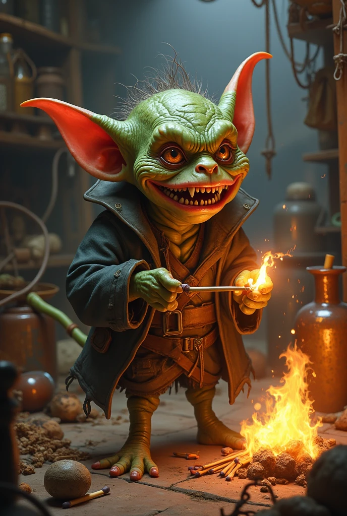 A small Goblin in a robe and a flaming sword in his hands