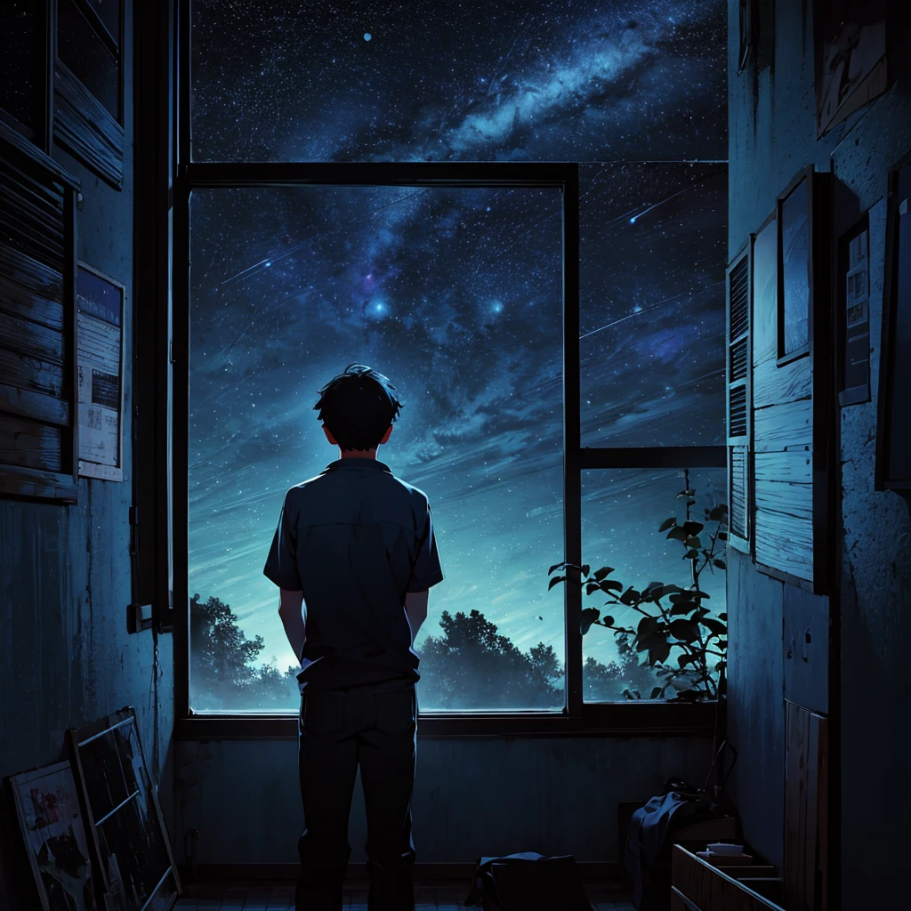 A  boy with a broken heart, in a room at night, looking out the window at the night sky.