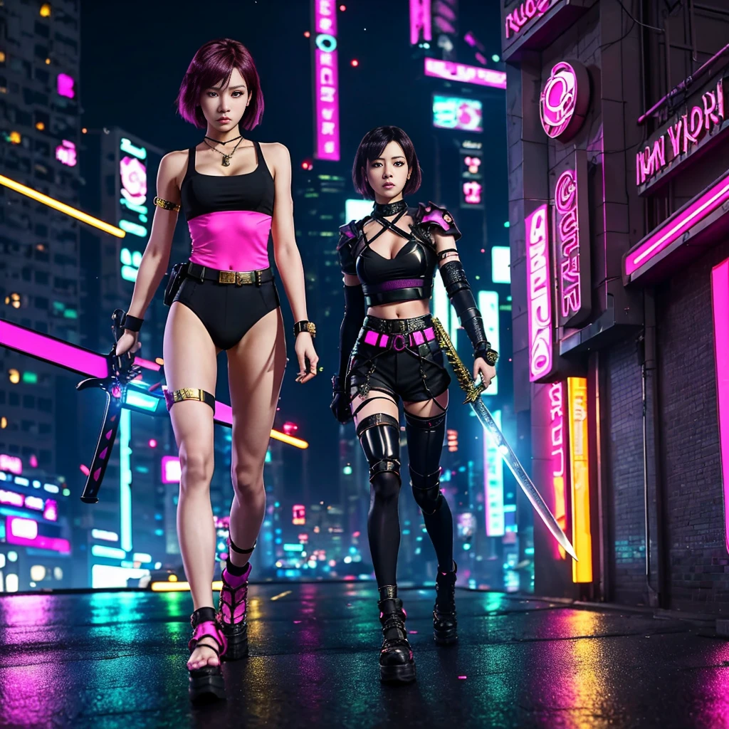 modern city with rioters and police fighting eachother in the streets, two beautiful nude Asian women walk away down the street revealing their backside and ass wearing thigh high high heeled boots and garter belt ,pink, or blue, or black or white fishnet stockings and a pink garter belt