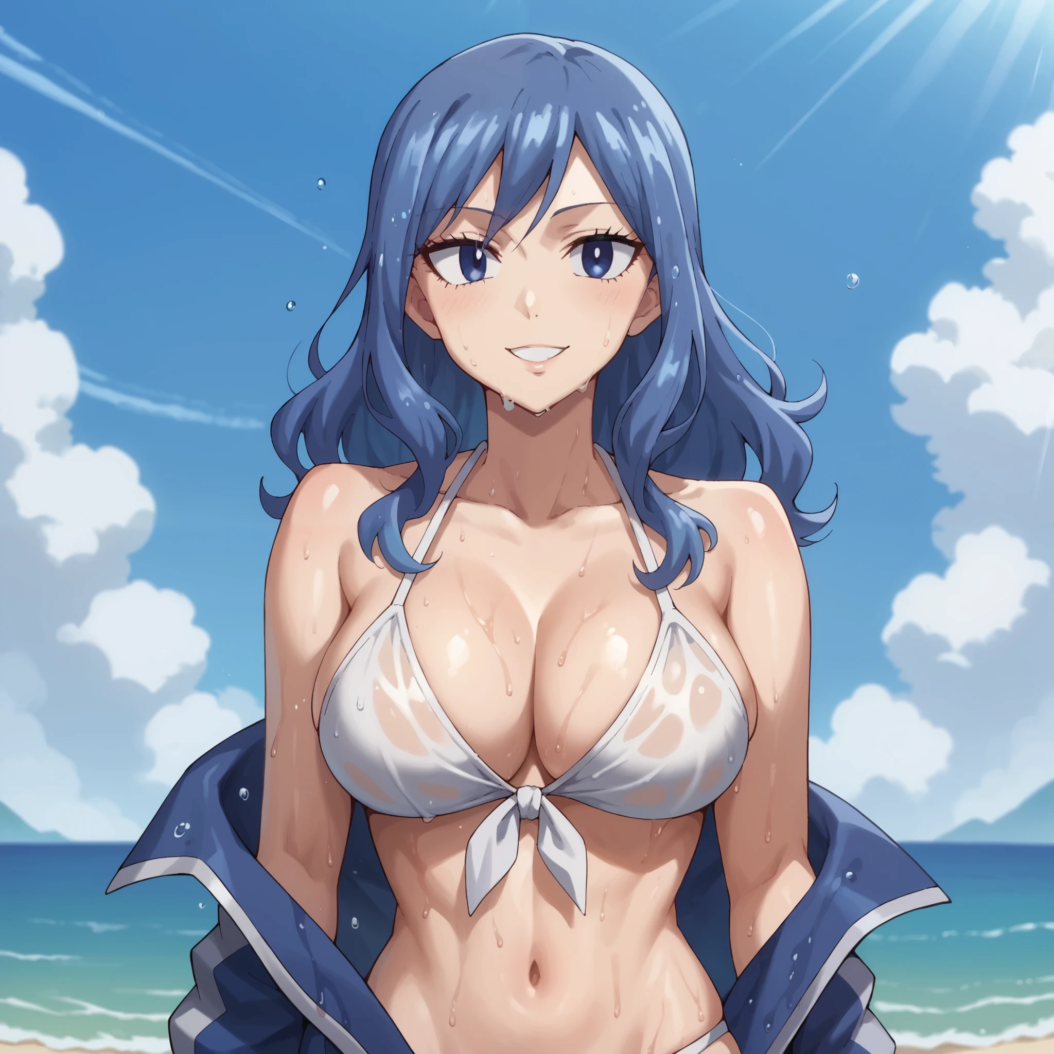 Juvia lockser , Peo Azul , dark blue eyes, smile, big breasts, white bikini . She's walking on a lonely beach . A Single Woman Lonely Woman . wet body