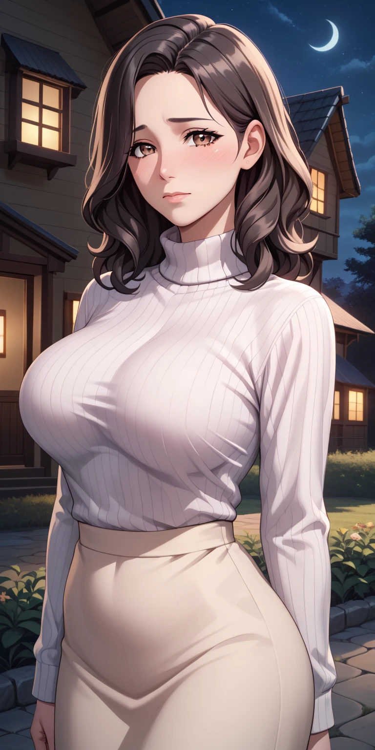 ((4k,masterpiece,best quality, ultra detailed)), 1girl, (Mature Woman, Adult Woman), (medium length hair, dark hair, wavy hair, sidelocks), (reddish-brown eyes), detailed eyes, (Depressed, Somber Expression, Slightly Embarrassed), (large breasts), (white turtleneck sweater), (standing, looking at viewer, facing forward, medium close up), (outdoors, night time, in front of house)