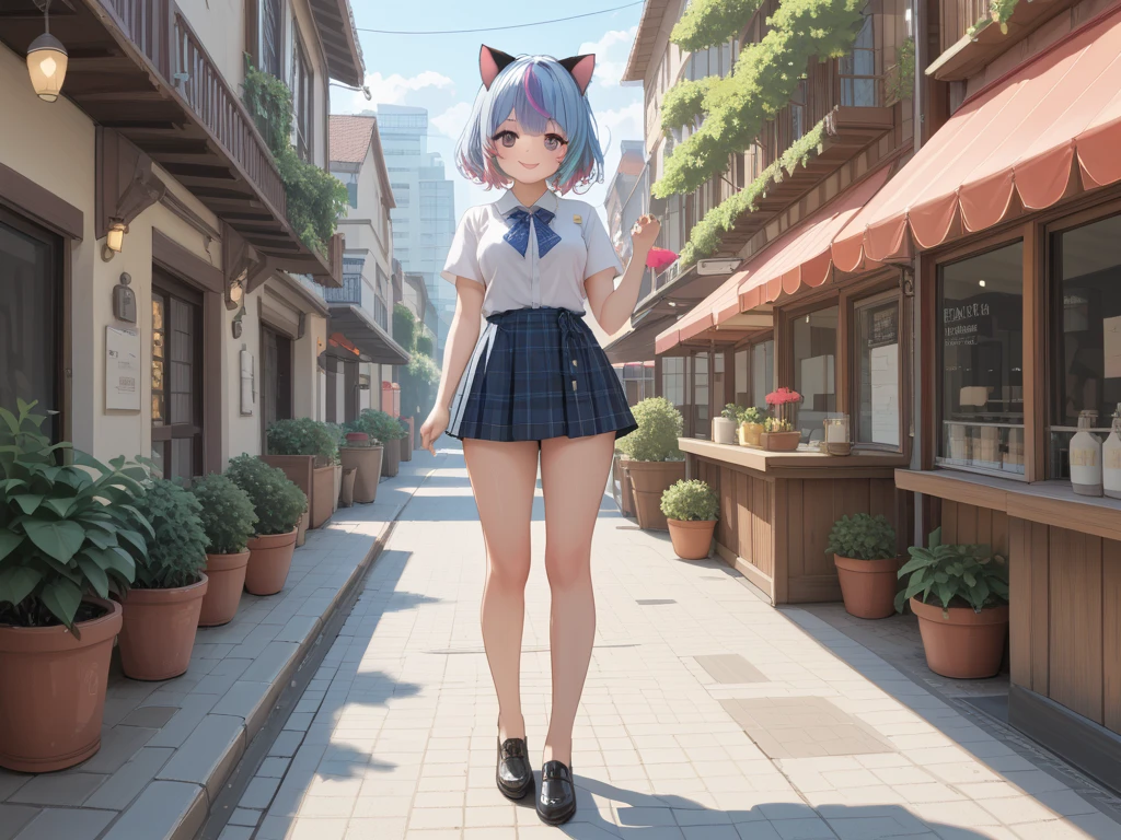 pink and light blue ((streaked hair)), highlights hair, masterpiece,  happy, medium breasts, looking at viewer,idol, full body shot, in the cafe, medium shot, purple droopy eyes, petite, Full-HD, a girl, anime,  looking at viewer, short hair, gradient hair, big eyes, glamorous, voluptuous, mini skirt, undone clothing, blouse, blush, with cat ears