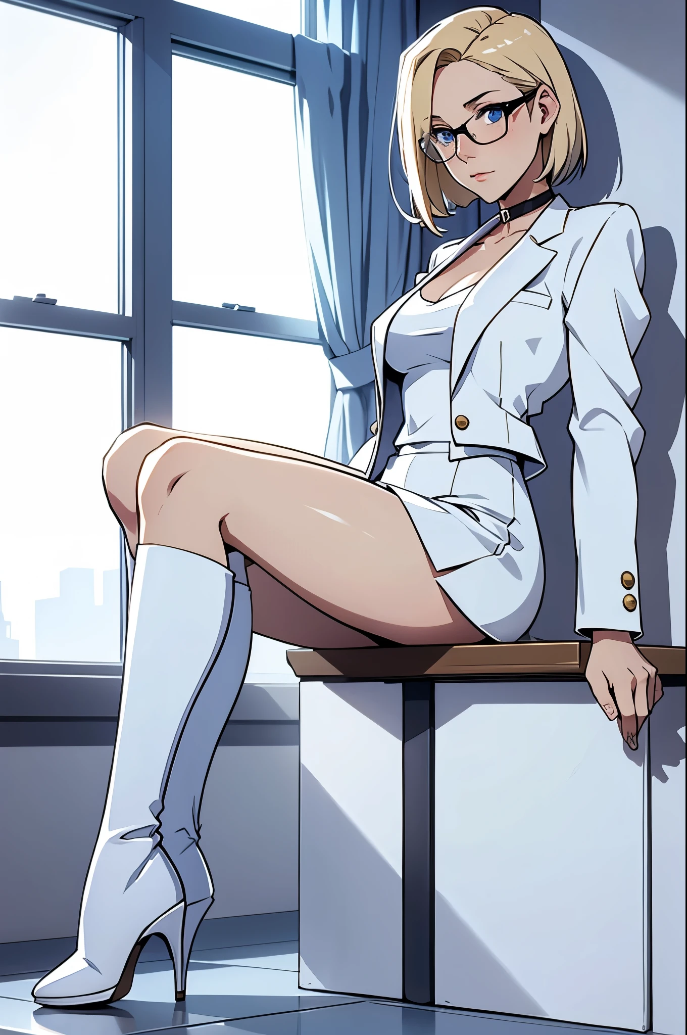female, short straight blonde hair, blue eyes, white suit jacket, white skirt, long white high heel boots, black choker, no t shirt, medium boobs, glasses, blushing, in front of a window