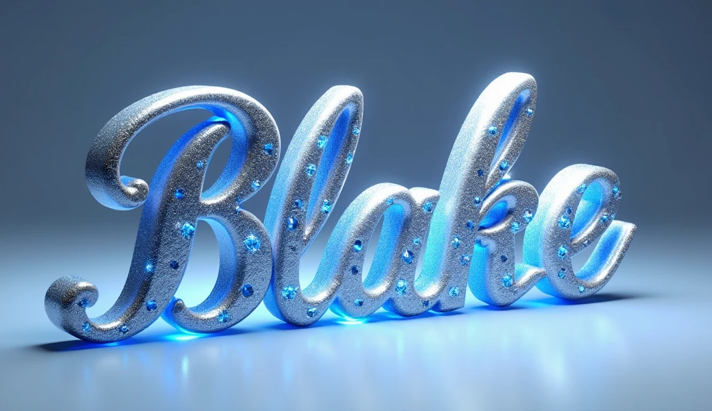 A mesmerizing 3D rendering of the name "BLAKE" exuding an air of regal glossy shiny elegance and grandeur worthy of royalty. The name is written in intricate, flowing script, accentuated by a silver outline and shimmering blue gemstones that sparkle like stars. Against a pristine white backdrop, the piece is illuminated by cool lighting that harmonizes with the silver glow, creating an enchanting ambiance that invites the viewer to explore the magical world within this spellbinding masterpiece.
