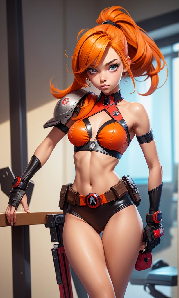  masterpiece, A teenage girl , s, Chiquita, slim, skinny,  orange hair,  ponytail,  blue eyes , cuerpo entero, standing, flat stomach,  cute legs, piernas slims,  white skin , deadpool&#39;s path,  small tits, (((desnuda))), blue background, sexy,