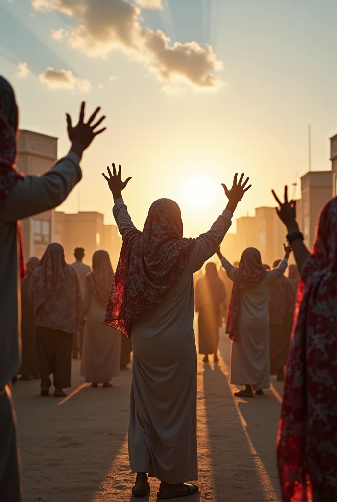 Gaza people, flares wide view, ultra high resolution, extra details, golden hour, cinematic, realistic, ultra face and hand details