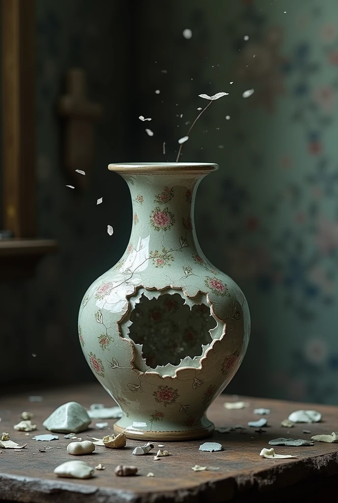 antique chinese vase, falling on floor, cracked, intricate detailed design, dynamic motion, shattered fragments, natural lighting, detailed textures, dramatic shadows, photorealistic, 8k, high quality, masterpiece, cinematic