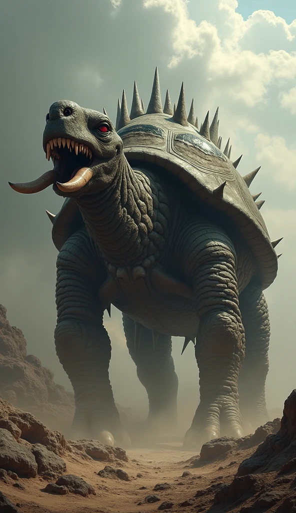 Design a hybrid creature that combines the sturdy body and armored shell of a turtle with the long neck and massive head of a camel, featuring a powerful trunk and sharp tusks. Its shell is covered in spiky, jagged protrusions, giving it a menacing appearance. Set this fearsome entity in a dark, chaotic landscape of jagged rocks, swirling dust, and an ominous sky, enhancing its monstrous presence and conveying a sense of danger and hostility.

