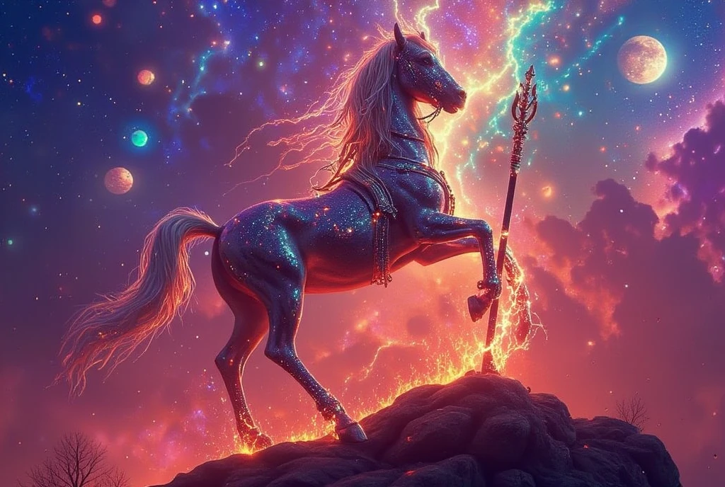 create a {mighty Centaur(a creature with the head, Super villain arms, and torso of a man and the body and legs of a horse.)} ruling the universe, low angle shot, karol bak uhd, beautiful digital artwork, centaurin a cosmic digital art, digital art digital art, digital art fantasy, digital art fantasy art, villain gorgeous digital art, digital fantasy art ), detailed fantasy digital art, digital fantasy art, beautiful sci fi art, cyborg villain God  in cosmos, vibrant luminescent epic surreal nebula scenery, closed mouth, depth of field, low Full black eyelashes, stone low black colour jewelry, View Full light particles, lips, nose, planet, profile, realistic, Full long black hair flowing  , holding View lightning trident solo, space, full body,  Ford Body Movement Action Pose cinematic Haunted Full blur background 