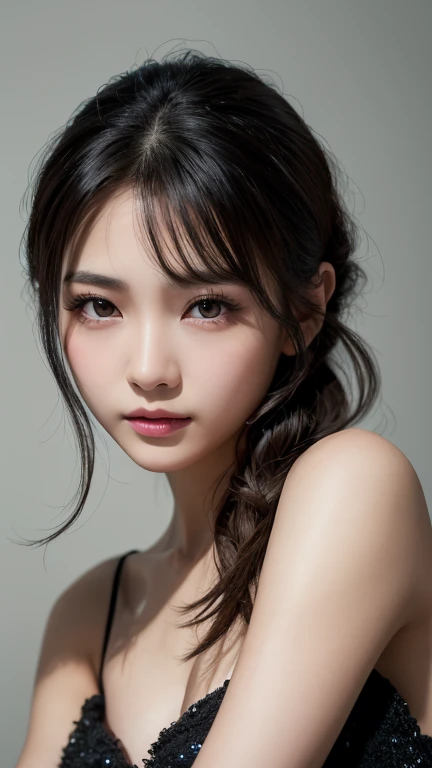 random pose, mix4, (8k, RAW photo, best quality, masterpiece: 1.45), (realistic, photorealistic: 1.37), one girl, cute, cityscape, night, rain, wet, professional lighting, photons mapping, radiosity, physically based rendering, gradient black hair, gray hair, short curly hair, handsome, girl, Deep V-neckline slip dress, pale skin, top quality photo, high res, 1080p, (clear face), (detailed face description), (detailed hand description), (masterpiece), (exquisite CG), extreme light and shadow, disheveled hair, master work, rich details, (fine facial features), (highest quality photo), (masterpiece), (detailed eyes), look in front of you eyes, fine clavicle, (huge breasts:1.4),