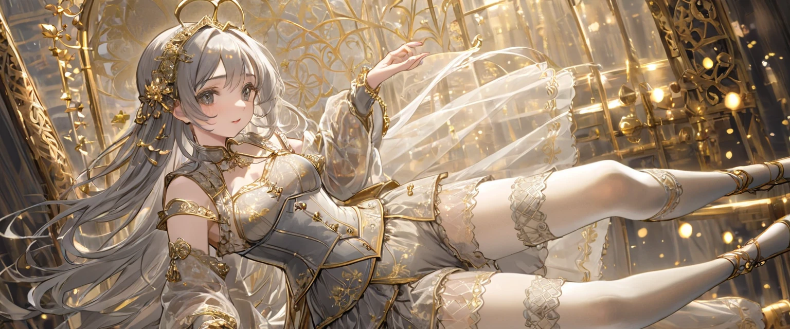  medieval girl、 Gold and silver embroidery, underwear姿、Translucent bloomers with knee-length lace（underwear）Wearing、Wearing a semi-transparent corset、Grey translucent tights