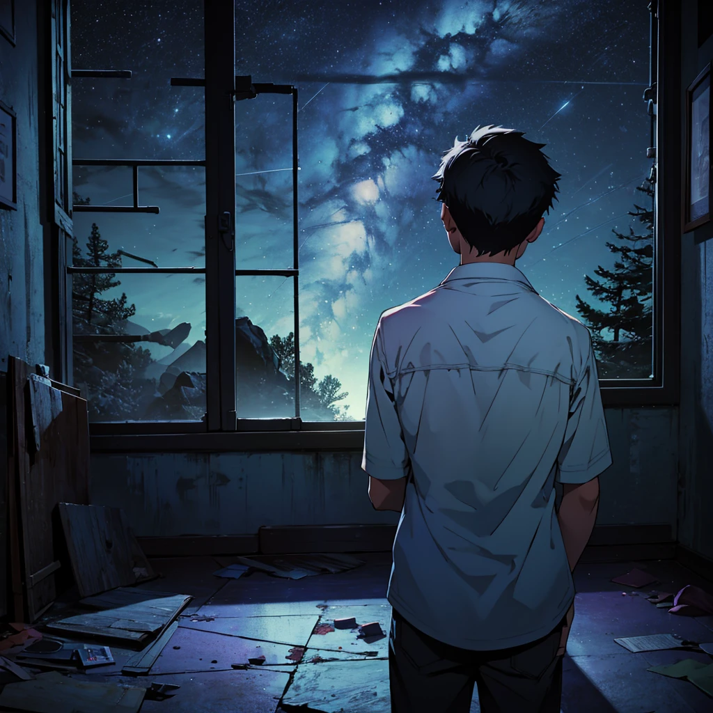 A teenage boy with a broken heart, in a room at night, looking out the window at the night sky.