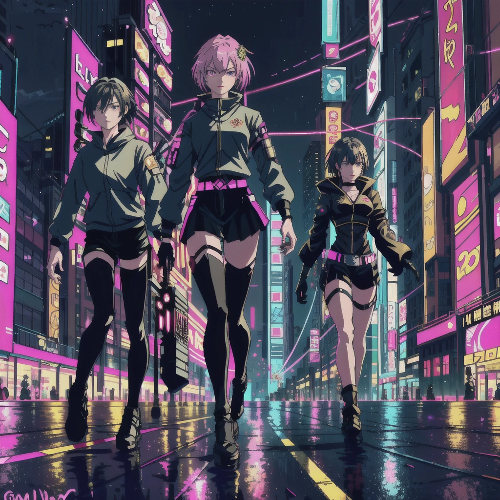 masterpiece,best quality,A black and pink cyberpunk female ninja walks towards you with her hand on the sword stowed on her back in a future night neon city. After taking out the enemy, many gold coins and jewel ornaments fall from the sky behind her.