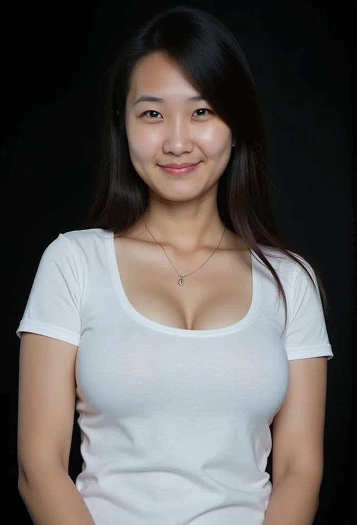 Pretty asian woman wearing white tight tshirt, black background, (((big breasts))), closed mouth, light smile, upper body shot, focused on breasts