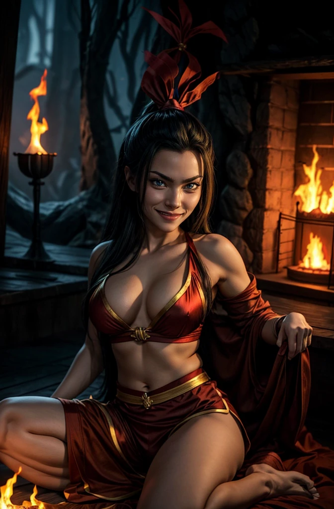 sensual azula from    Avatar The Legend of Aang    wearing loose drapes, beautiful, epic,   breast bondage  , highly detailed,    Fire Nation golden hair clip on the top with ribbon  , Fire Nation aesthetic  ,    expression of an evil smile   , toned belly,    Avatar The Legend of Aang   , [[Azula]],(a girl), gymnastics clothes , breast container , tight shorts   , fuego azul,    in a dark room with firelight   ,    sitting with legs open  , fuego azul,  