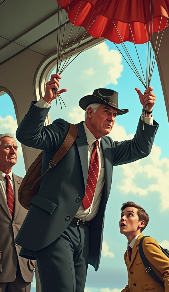 Wearing a hat on your head、Cartoon image of a three-headed man in a suit standing alone with a bag on his shoulder holding a large umbrella　Images that contain all elements of equipment and characters