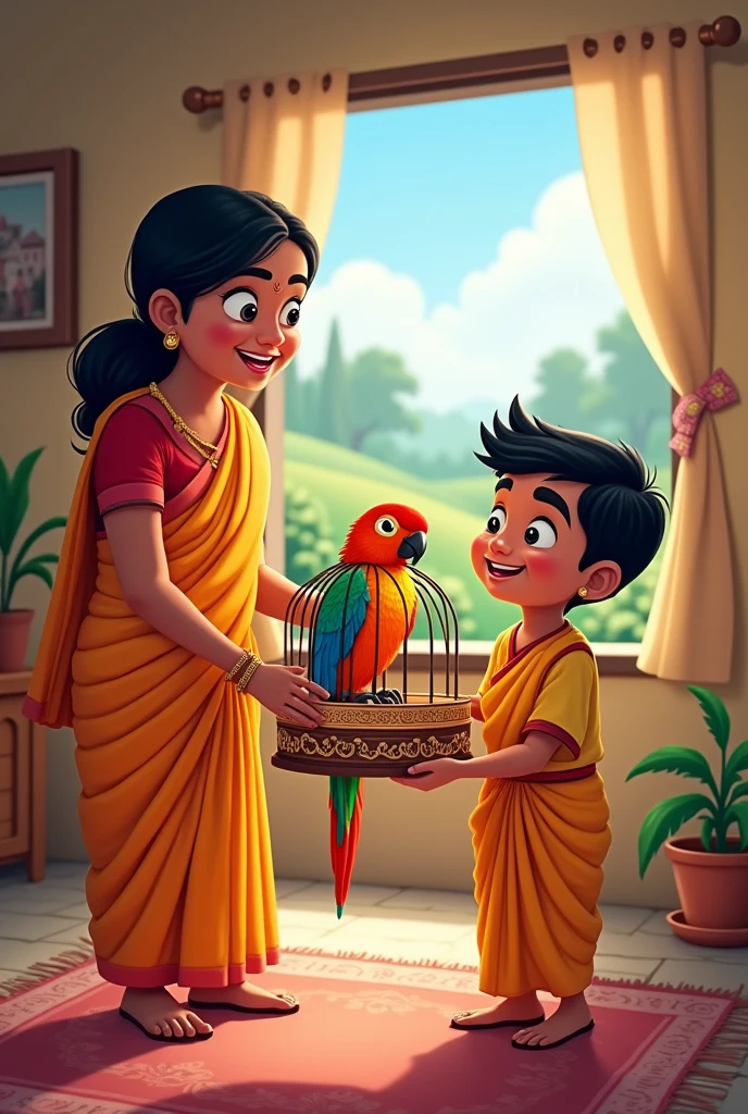 "Inside a modest home, Rahul is gently feeding and caring for the injured bird. The bird is resting in a small nest-like bed that Rahul made. His mother is nearby, offering support with a nurturing expression. The room is simple, with a warm, homely feel."
