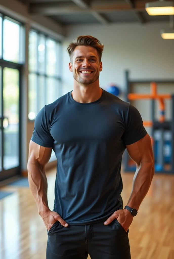 RAW-Foto, close full body portrait of handsome man with beard in sportswear, he shows his muscles in a bodybuilding pose, he smiles friendly, he is standing in a gym, detailed face, blue eyes, (highly detailed skin:1.2), 8K  UHD, dslr, soft lighting, good quality, film grain, Fujifilm XT3 dappled light on the face, pale skin, Hautporen, oiled, shiny skin, Skin impurities, impure skin, complicated skin details, visible skin detail, detailed skin structure, Blush, folds, Vitiligo spots, moles, Blackheads, Blackheads, white pimples, red pimples, Schönheitsfleck, Hautflaum, [[[[[freckles]]]]] (perfect eyes), ((perfect hands with four fingers and one thumb each))
