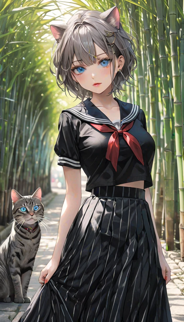 (masterpiece, ultra-detailed, best quality, clear focus, dramatic scene, cinematic), shadow, (ultra-high resolution, 8k), perfect anatomy, perfect face, (detailed face, detailed eye), cool Japanese girl, famous Japanese idol, very beautiful and cute and cool face, dynamic pose, dynamic angle, (wearing a black sailor uniform with extremely long black skirt:1.3), (extremely long skirt:1.5), punk rock styled mature bad girl, short curly-haired, red lips, bad girl, (very large breasts), slim waist, standing at the footpath between bamboo fields, (with mewing gray striped giant cat:1.3), (detailed gray striped cat with beautiful turquoise eyes:1.4)