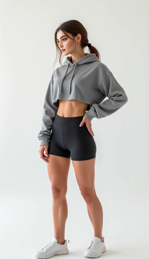 A beautiful woman with a big elastic butt, Posing for the camera in BLACK NIKE hoodie and tight sports shorts.,muy detallado, hermoso cuerpo y cara, se parece al original, Pelo rojo, en un gimnasio
