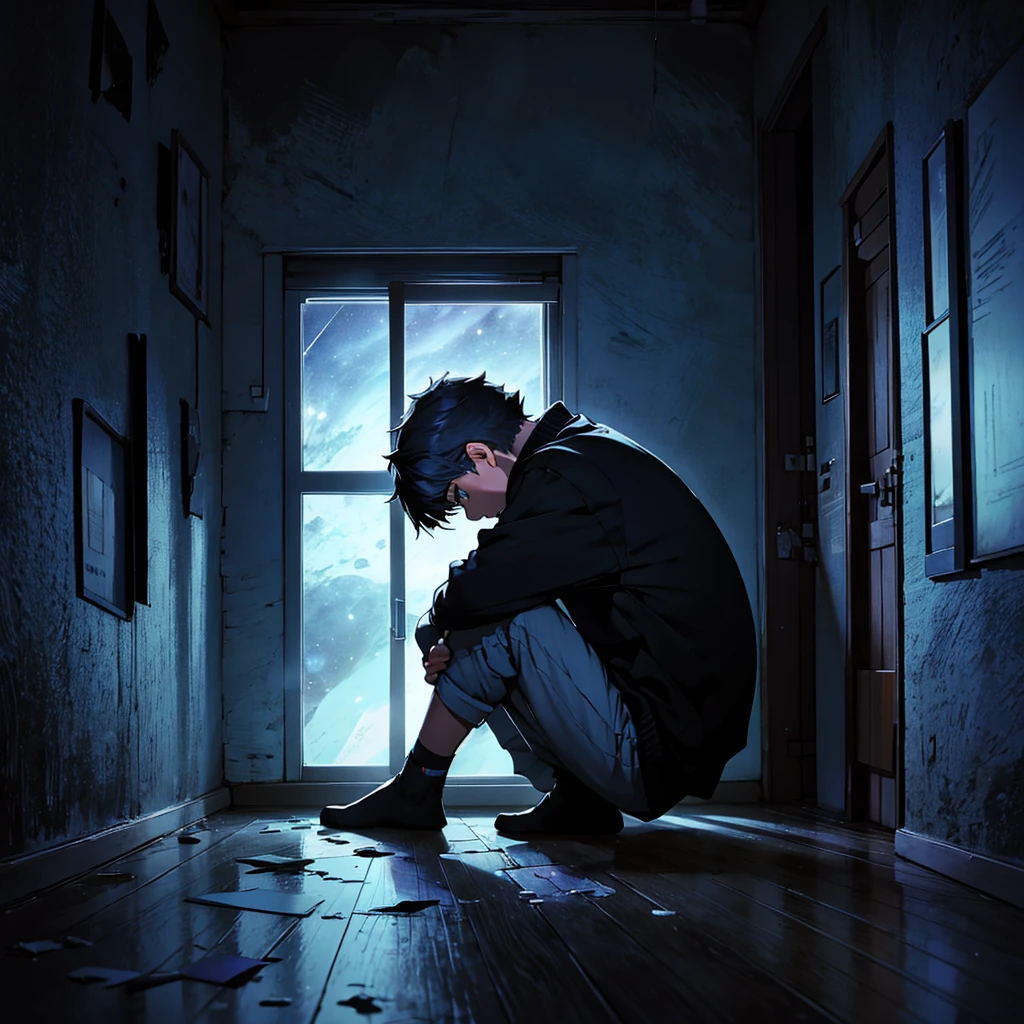 A teenage boy with a broken heart, in a room at night, looking out the window at the night sky.