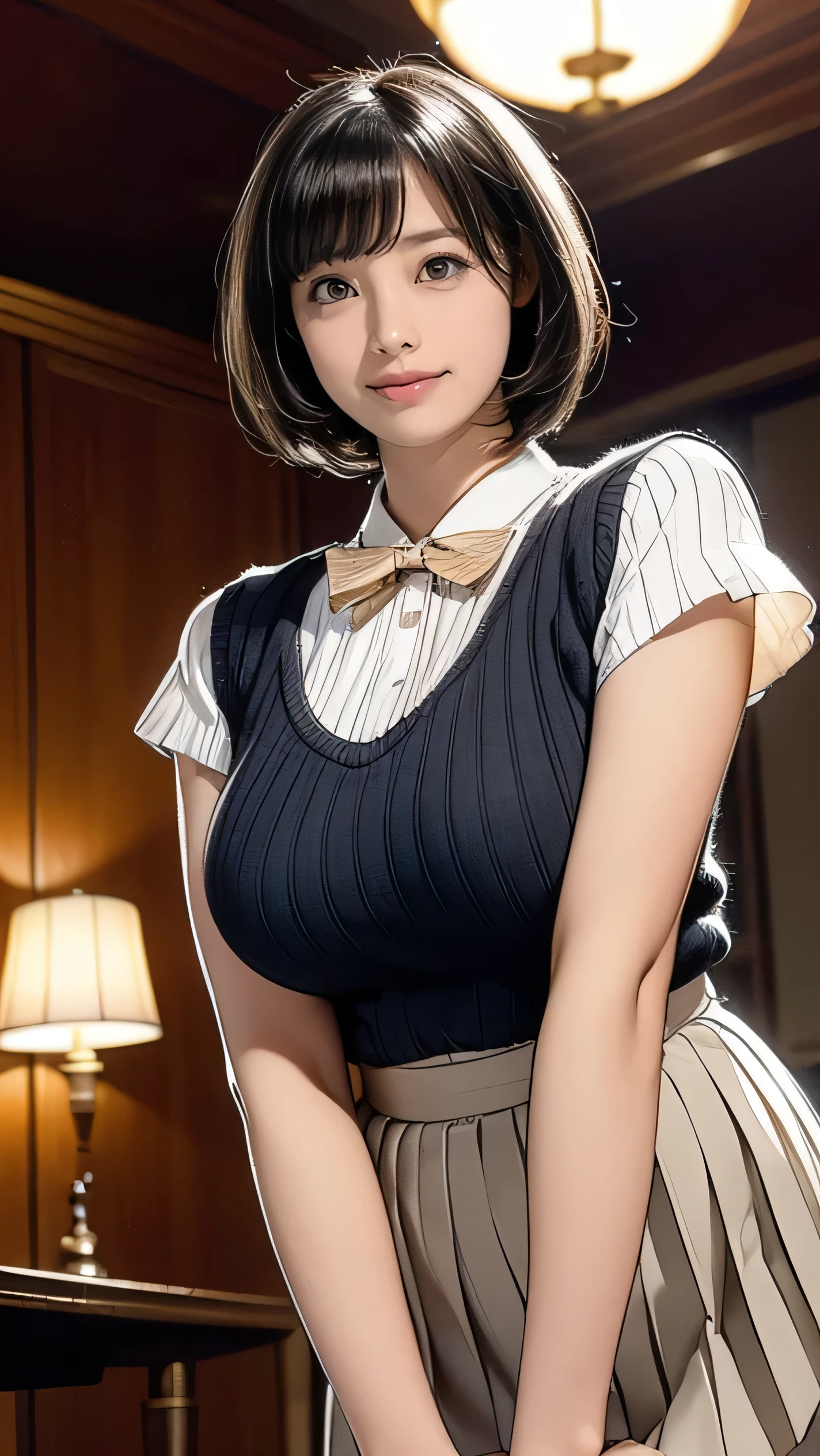Cute 21 year old Japanese、Naked with only an apron、Black bow tie、Waiter、Cafe、Highly detailed face、Attention to detail、double eyelid、Beautiful thin nose、Sharp focus:1.2、beauty:1.4、(Light brown hair、short hair、)、Pure white skin、highest quality、masterpiece、Ultra-high resolution、(Realistic:1.4)、Highly detailed and professional lighting、nice smile、Carrying a teacup、Please show me your whole body、, UHD, textured skin, high details, 8k