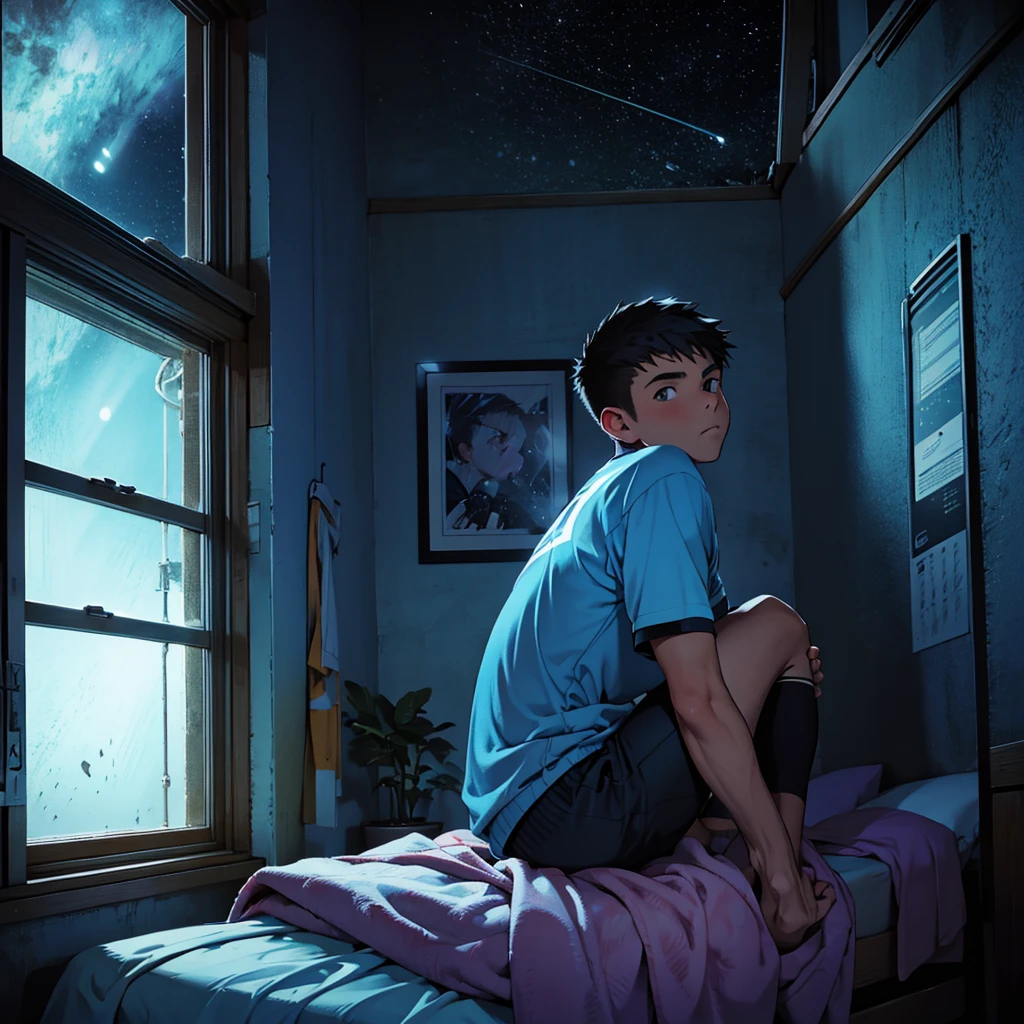 A teenage boy with a broken heart, in a room at night, in sports attire, sitting on his bed, looking out the window at the night sky. Self reflected in window.