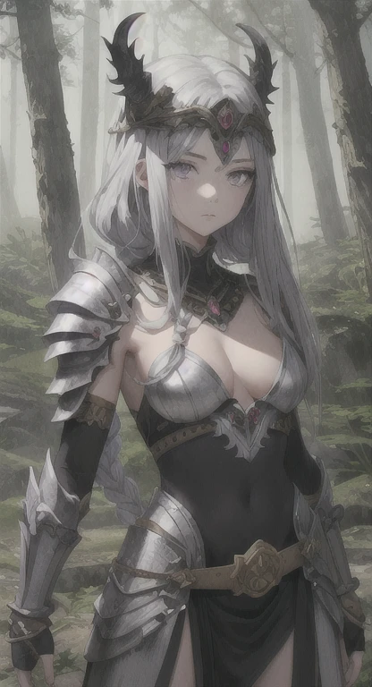 A close-up shot of Thalia Ambrose, her grey hairstyle with a touch of white streaks framing her fierce expression, silver eyes burning with intensity. She stands in the Forbidden Forest near Hogwarts, wearing a tattered robe, her spear resting on her shoulder, with the eerie moonlight filtering through the dense trees, casting haunting shadows on her scarred skin. The background is blurred, focusing attention on her wild yet controlled demeanor. Created Using: soft lighting, misty atmosphere, high-resolution photography, cinematic focus, ethereal quality, hd quality, natural look