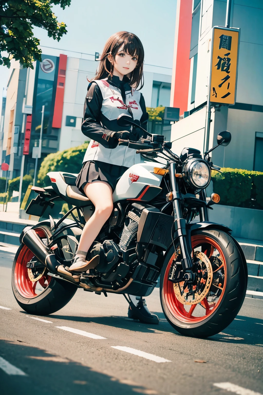 Japan  riding motorcycle,super mini skirt、white panties、Happy!!!, , motorcycle,[ realistic pictures ]!!, High resolution,sleeveless、white panties