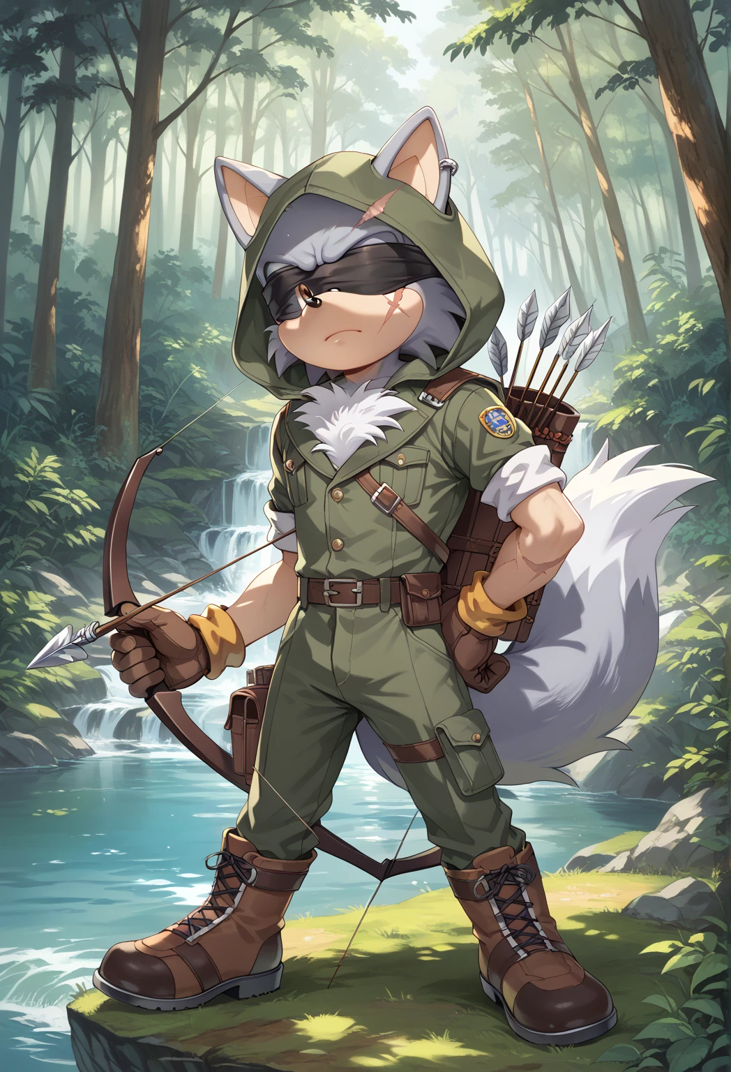 Male Wolf, ((Sonic character oc )), Male adult, ( silver fur in all body ), ( light gray inner ears ), (Alone), ( Short and messy hair ), forest, scar near the left eye that crosses the left eye diagonally, bow and quiver, con un hunter bow , Archery, wears a hood, brown gloves with cut toes and boots, yellow Eyes, Day time, ((mobian)), moebius forest, ranger clothing, (Fluffy Fur), Large Fluffy Tail, Serious poses, blindfold Over Left eye,