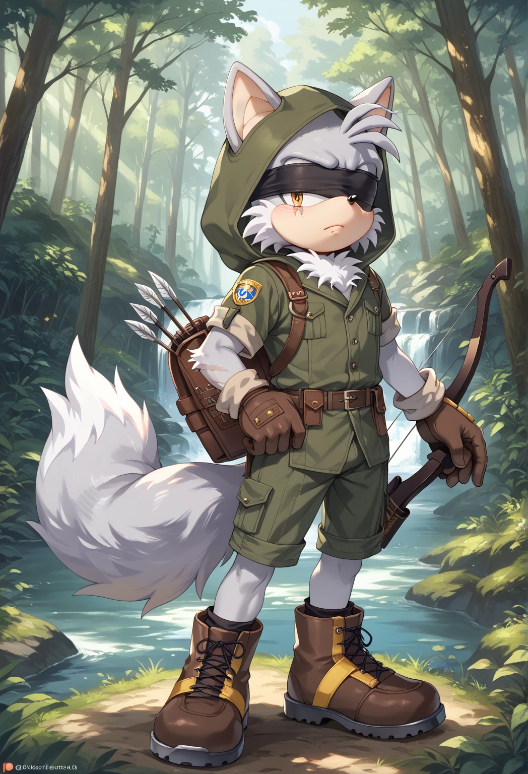 Male Wolf, ((Sonic character oc )), Male adult, ( silver fur in all body ), ( light gray inner ears ), (Alone), ( Short and messy hair ), forest, scar near the left eye that crosses the left eye diagonally, bow and quiver, con un hunter bow , Archery, wears a hood, brown gloves with cut toes and boots, yellow Eyes, Day time, ((mobian)), moebius forest, ranger clothing, (Fluffy Fur), Large Fluffy Tail, Serious poses, blindfold Over Left eye,