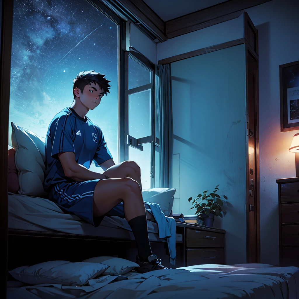 A teenage boy with a broken heart, in a room at night, in sports attire, sitting on his bed, looking out the window at the night sky. Self reflected in window.