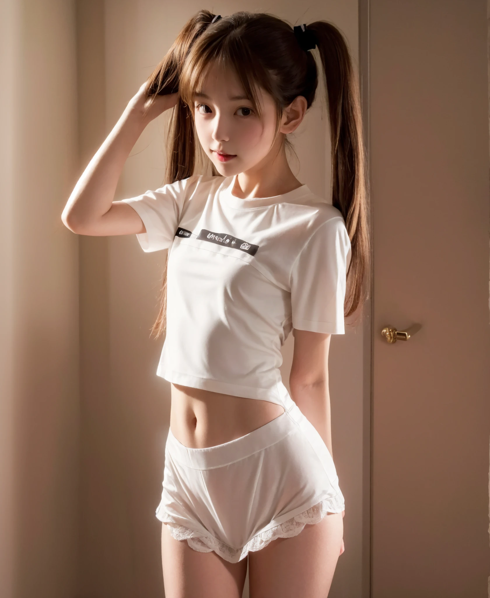 Maid,cute pretty girl,masterpiece,high definition,4k,8k,16k,twin tails,brown hair,slender body,thin leg, thin arm, thin body,small,18yo