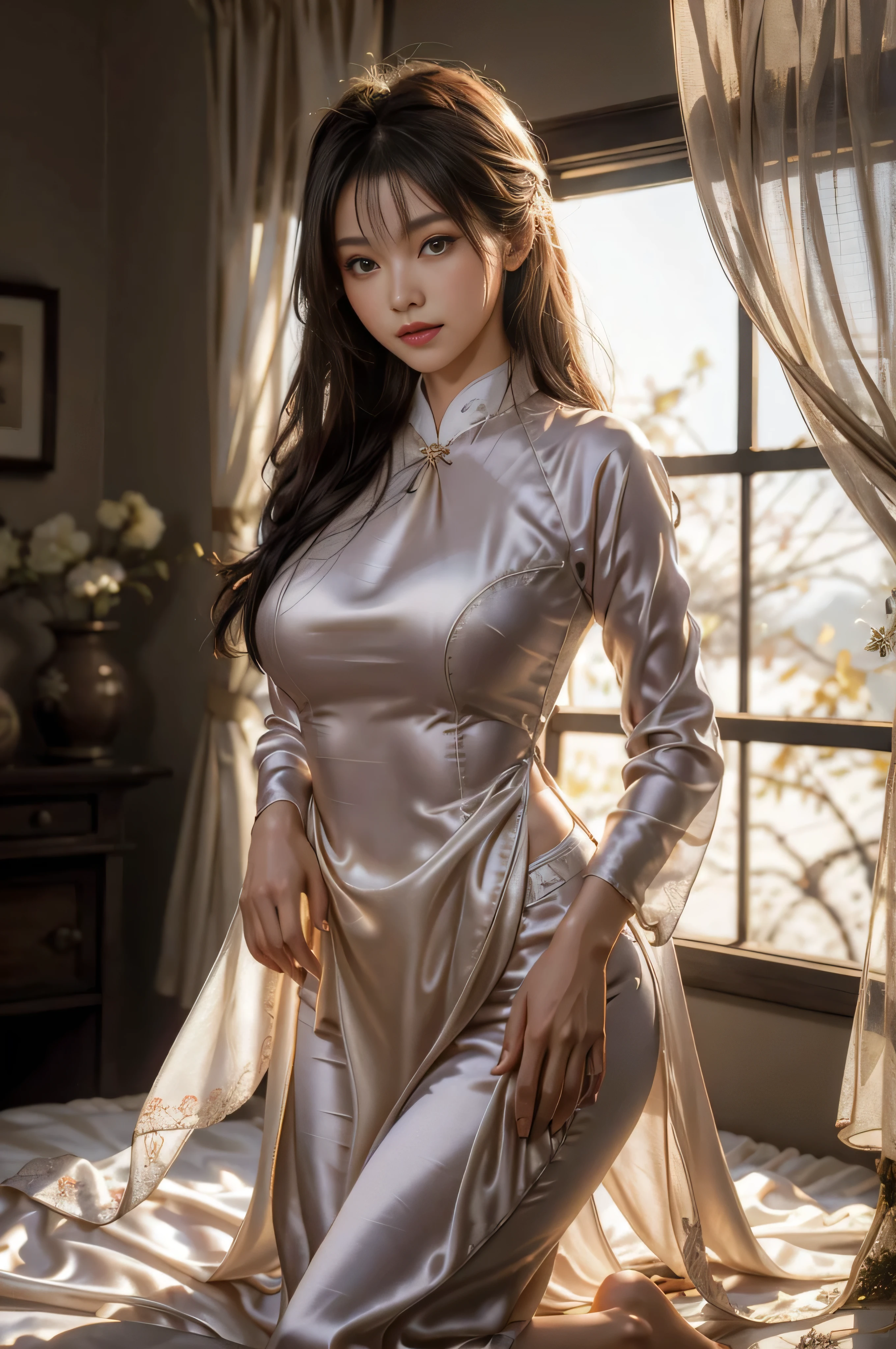 beautiful Japanese woman in (((Silk))) ao dai, , cowboy shot, pov, Nikon, 135mm, backlighting, anatomically correct, textured skin, super detail, UHD, masterpiece, large breasts, satin, bedroom, seductive, sexy