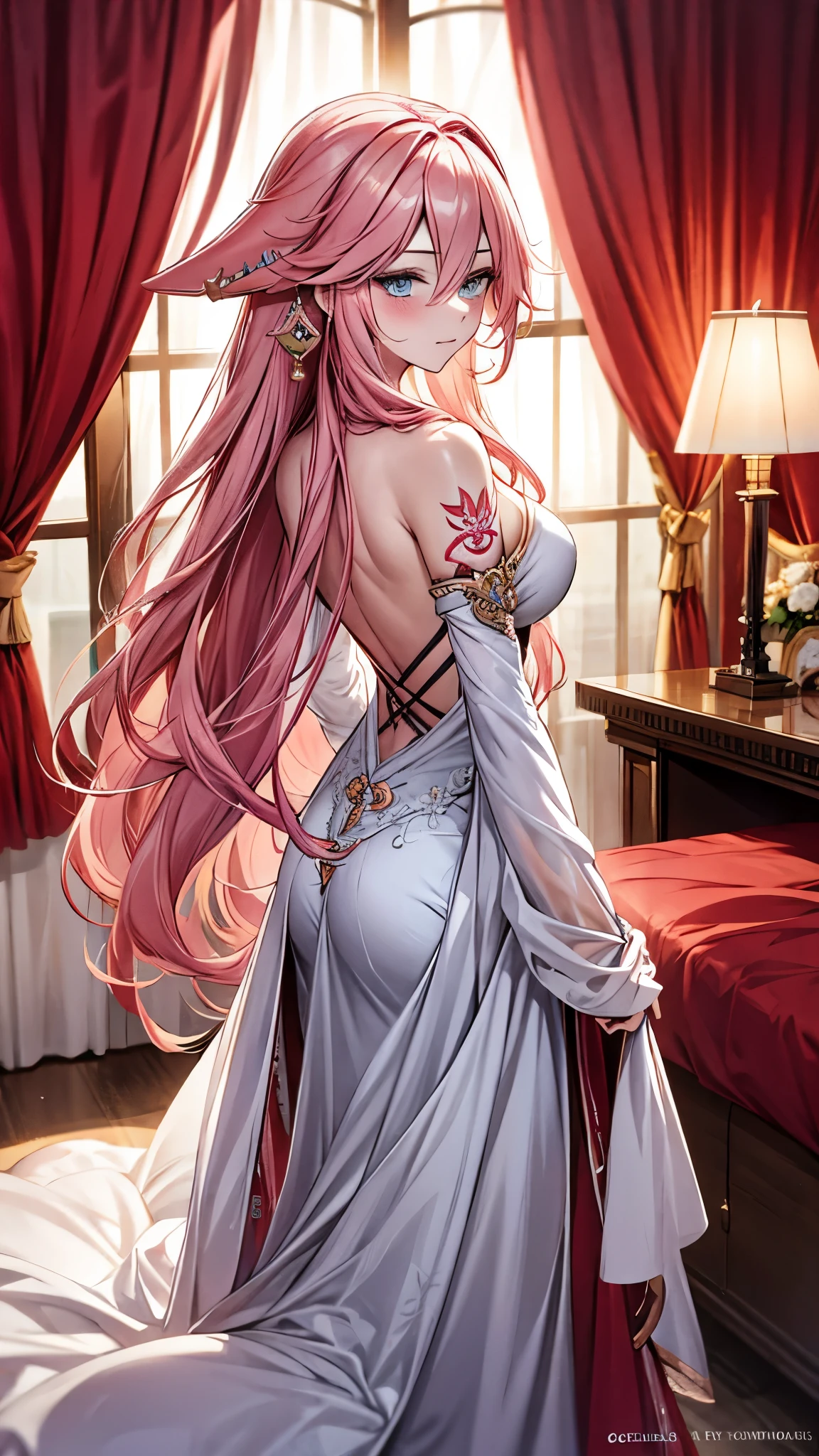 Wear a modern transparent dress that is elegant and noble,Intricately Designed Outfit,Beautifully dressed,Pink Long Wavy Hair,Modern Goddess,Light blue eyes,Sophisticated Modern Clothing,Looking back,tattoo back,night,She appeared in a bedroom of a luxury hotel,Seductive pose,8K,high resolution,yae miko