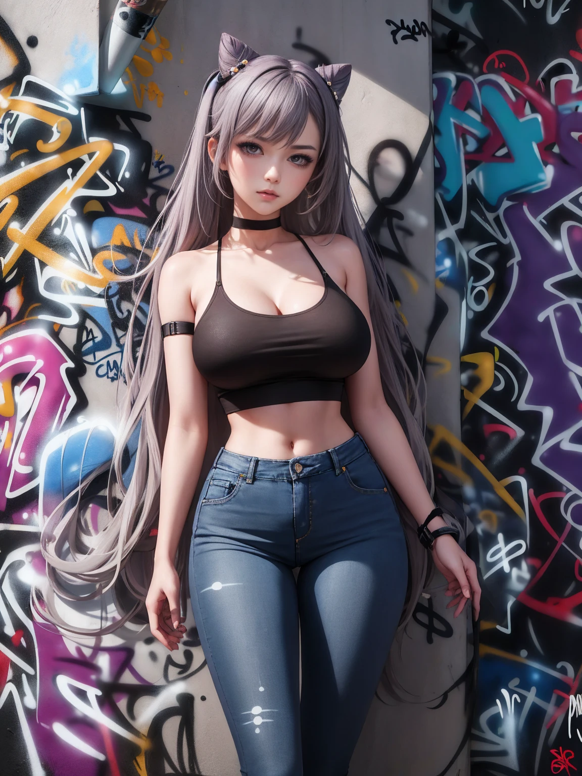 Photorealistic perfect body、(huge-breasted:1.7)、Waist slender、(Gal style casual fashion:1.5)、(Tank top with open chest)、(a miniskirt)、(kneehigh boots:1.5)、(one girls:1.9)、Ultra-high image quality、Ultra-high realistic image quality、(Silver Hair:1.3)、japanes、Teenage face、the background is blurred、Cute smile、(tanned brown skin:1.4)、Dark eyeshadow、thick eyeliner、Gal style earrings、Gal style necklace、Gal style bracelet、gal make、fullllbody