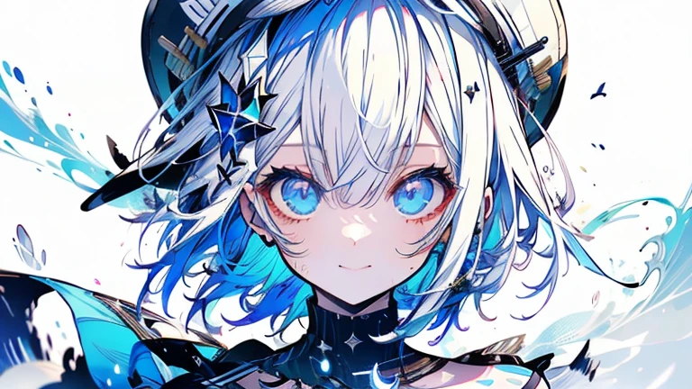 white hair and light blue hair, ahoge, shiny hair, floating hair, half updo, sailor hat, mole under eye, mismatched pupils, light smile, smile, anime, anime style, character chart, tachi-e, from above, UHD, retina, masterpiece, accurate, anatomically correct, super detail, high details, high quality, award winning, best quality, highres, 1080P, 16k,sailor hat is a hat worn by sailors. Also, a 's hat that imitates this. The top is flat and has no eaves, with a ribbon wrapped around the edge and the end hanging behind.She wears clothes called sailor uniforms, which are tops with distinctively shaped large collars called sailor collars. It is a military uniform for sailors and is used by the navies of various countries.she is on a large warship called a battleship, which has great offensive and defensive power.