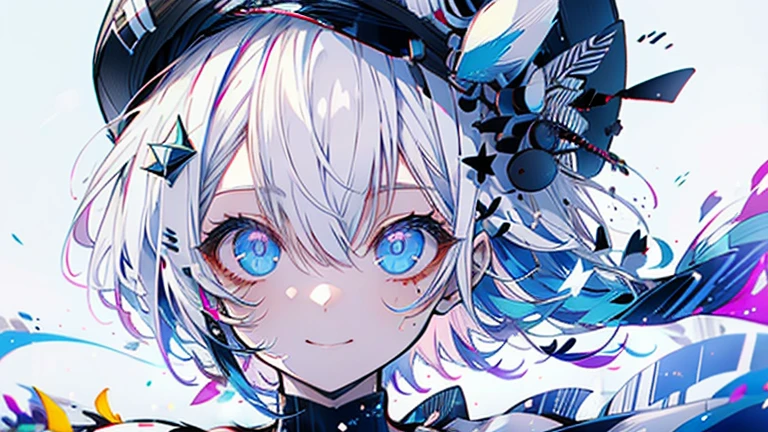 white hair and light blue hair, ahoge, shiny hair, floating hair, half updo, sailor hat, mole under eye, mismatched pupils, light smile, smile, anime, anime style, character chart, tachi-e, from above, UHD, retina, masterpiece, accurate, anatomically correct, super detail, high details, high quality, award winning, best quality, highres, 1080P, 16k,sailor hat is a hat worn by sailors. Also, a 's hat that imitates this. The top is flat and has no eaves, with a ribbon wrapped around the edge and the end hanging behind.She wears clothes called sailor uniforms, which are tops with distinctively shaped large collars called sailor collars. It is a military uniform for sailors and is used by the navies of various countries.she is on a large warship called a battleship, which has great offensive and defensive power.