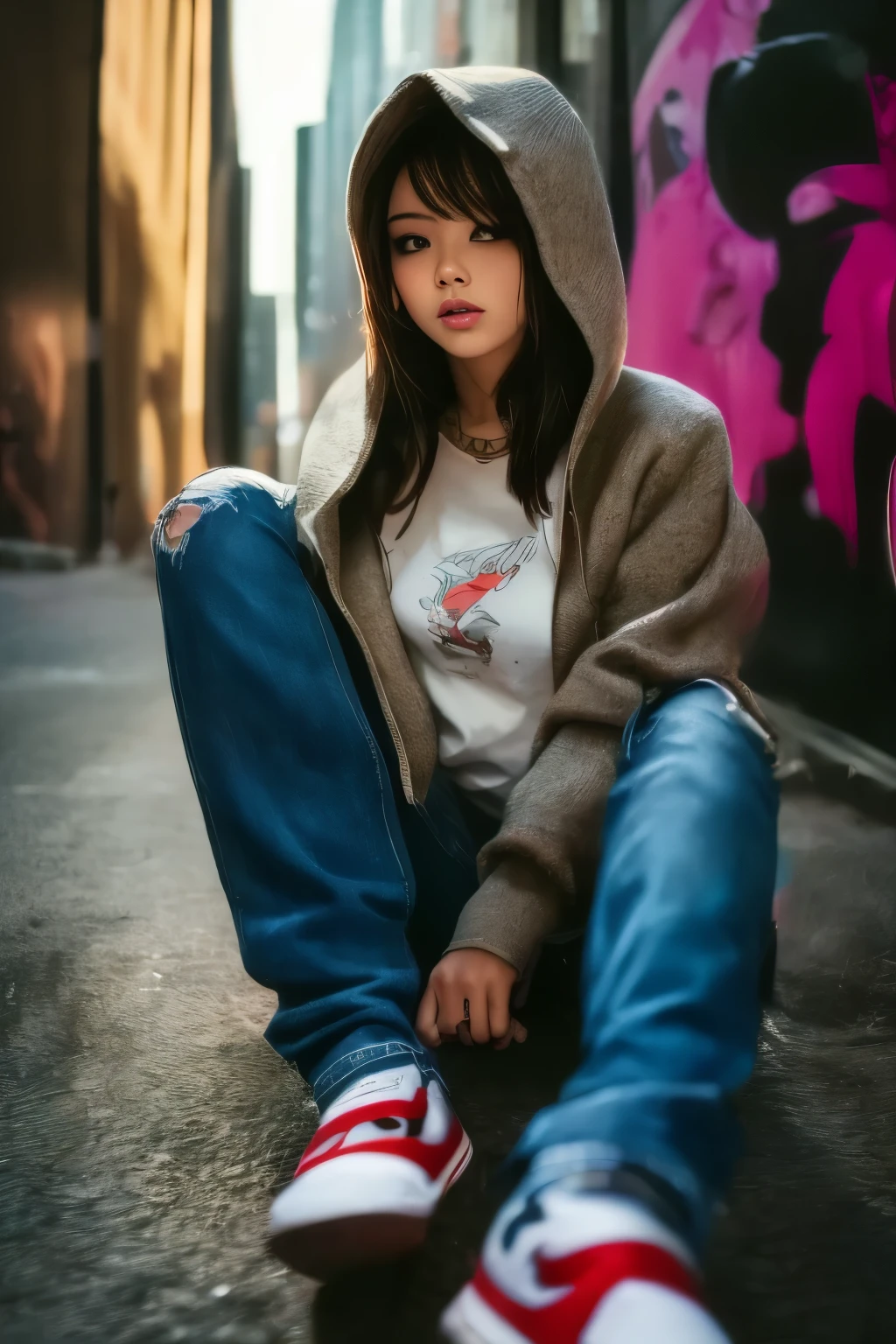 Down viewer. The most beautiful and sexy urban girl, wearing hoodie, graphic t-shirt, torn skinny jeans and highly detailed, tons of tattoos and piercings, feet, highly detailed background, perfect masterpiece, high quality, high resolution. Urban graffiti Background.