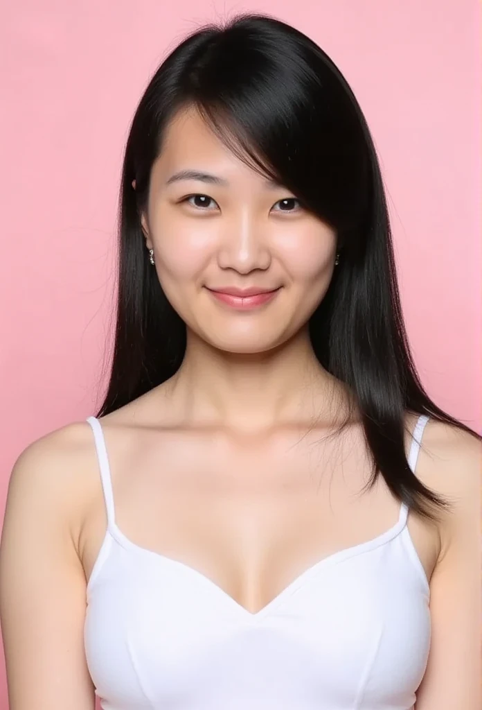 Pretty asian woman wearing white tight tanktop, light pink background, (((big breasts))), closed mouth, light smile, upper body shot, focused on breasts, (from below) 