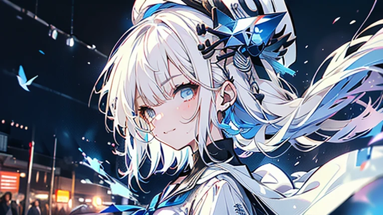 white hair and light blue hair, ahoge, shiny hair, floating hair, half updo, sailor hat, mole under eye, mismatched pupils, light smile, smile, anime, anime style, character chart, tachi-e, from above, UHD, retina, masterpiece, accurate, anatomically correct, super detail, high details, high quality, award winning, best quality, highres, 1080P, 16k,sailor hat is a hat worn by sailors. Also, a 's hat that imitates this. The top is flat and has no eaves, with a ribbon wrapped around the edge and the end hanging behind.She wears clothes called sailor uniforms, which are tops with distinctively shaped large collars called sailor collars. It is a military uniform for sailors and is used by the navies of various countries.she is on a large warship called a battleship, which has great offensive and defensive power.