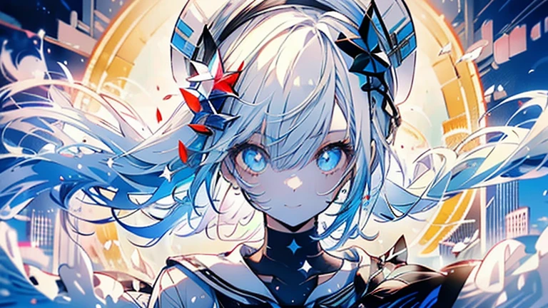 white hair and light blue hair, ahoge, shiny hair, floating hair, half updo, sailor hat, mole under eye, mismatched pupils, light smile, smile, anime, anime style, character chart, tachi-e, from above, UHD, retina, masterpiece, accurate, anatomically correct, super detail, high details, high quality, award winning, best quality, highres, 1080P, 16k,sailor hat is a hat worn by sailors. Also, a 's hat that imitates this. The top is flat and has no eaves, with a ribbon wrapped around the edge and the end hanging behind.She wears clothes called sailor uniforms, which are tops with distinctively shaped large collars called sailor collars. It is a military uniform for sailors and is used by the navies of various countries.she is on a large warship called a battleship, which has great offensive and defensive power.